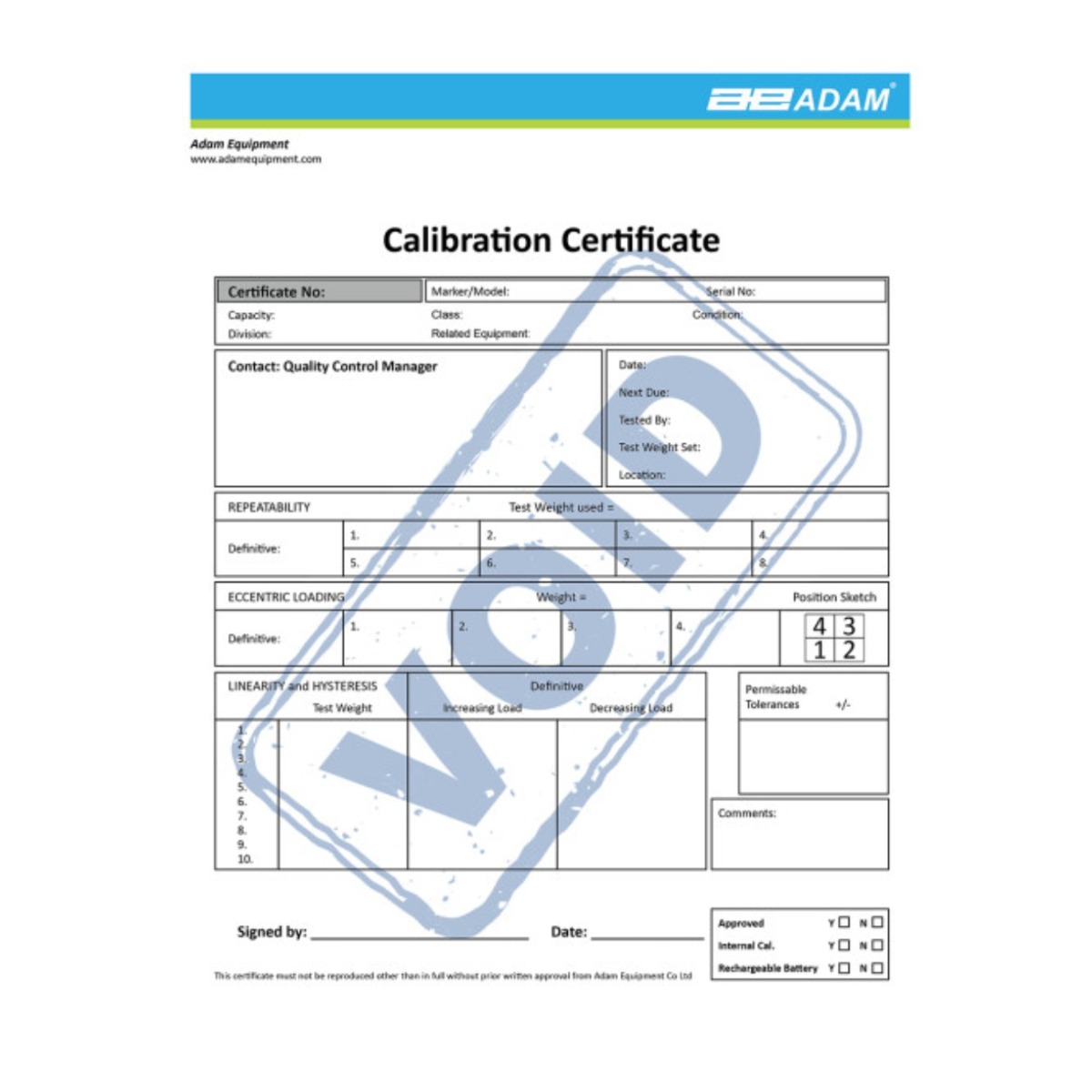 Adam Equipment 700660289 Calibration Certificate for AELP/PT/PTS