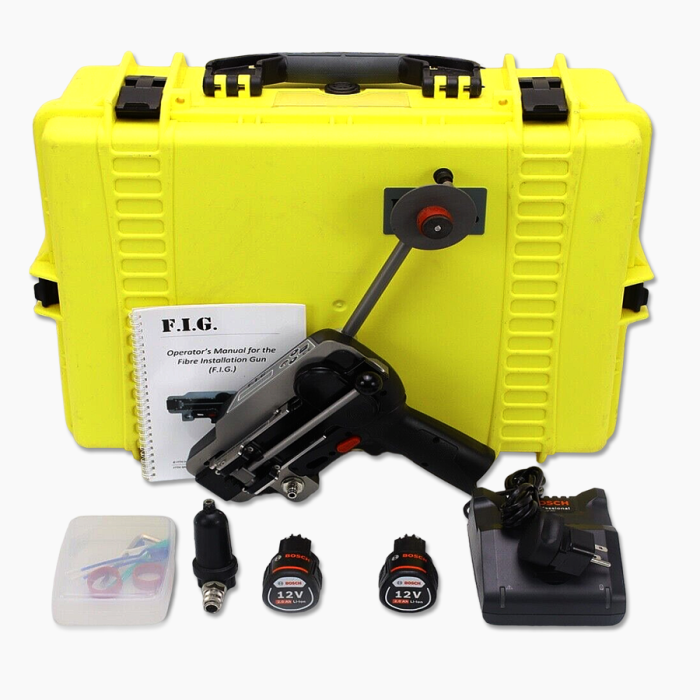 FTTH Fiber Installation Gun, 2 Batteries for unit, Charging dock for battery, Water Separator, Hexagonal Key, Adapter Plate Gasket, User Documents, Hard Carrying Case