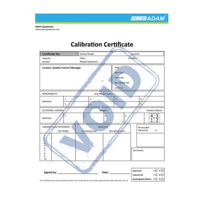 Adam Equipment 700660290 Calibration Certificate