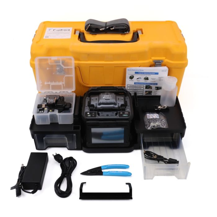 Fujikura 90S+ Core Alignment Splicer, Fujikura CT-50 Cleaver, AC Adapter, Power Cord, USB Cable, Wire Stripper, Cooling Tray, Alcohol Dispenser, Splicer Carrying Strap, Quick Reference Guide, CC-39 Transit Case with Carrying Strap