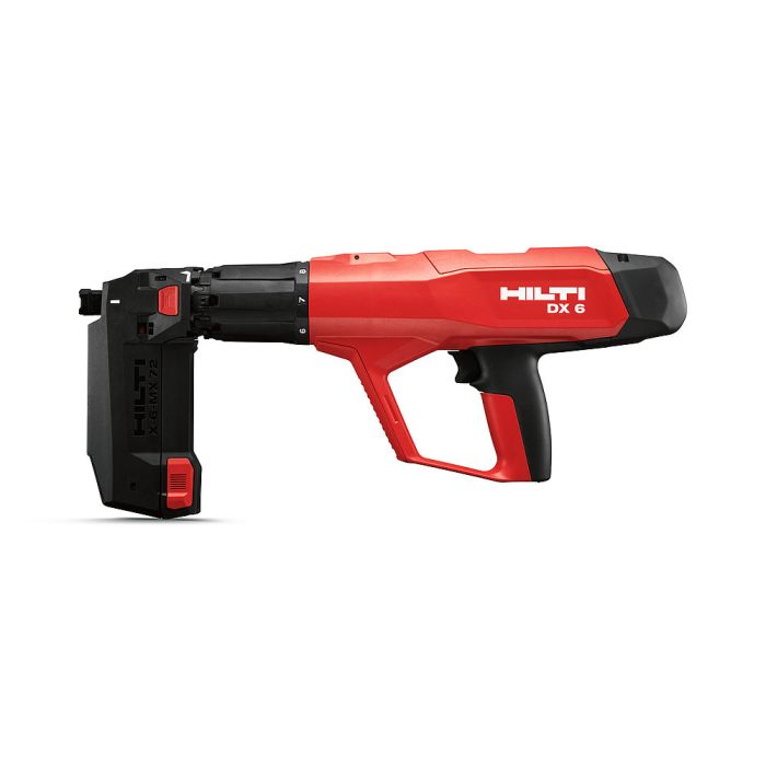 Image of Hilti DX 6 powder-actuated tool, designed for fastening materials to concrete and steel surfaces. The tool features a sleek black and red design, with a textured handle for a secure grip. The tool is shown loaded with a cartridge and fastener, wi