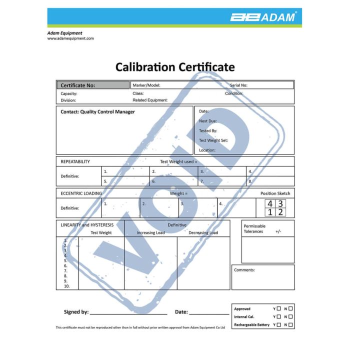 Adam Equipment 700660288 Calibration Certificate
