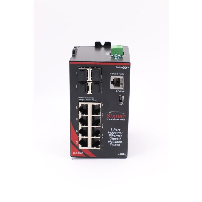 Sixnet 8-Port Industrial Ethernet Gigabit Managed Switch, SLX-8MG, Eight 10/100/1000BaseTX RJ-45 Ports, Four Gigabit SFP (combo) Ports, NMPv1/v2/v3
RMON, DHCP Server, SNTP, TFTP, STP, RSTP/MSTP, QoS/CoS/ToS/DS, IGMPv1/v2, VLAN (tag and port based), HTTP/