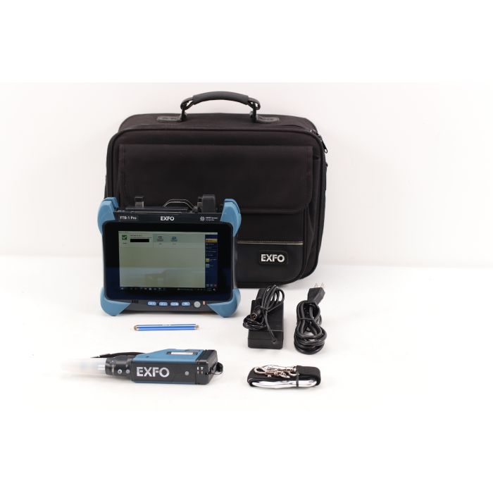 EXFO FTB 1v2 Pro Multiservice Tester, EXFO FIP 435B Wireless Fiber Inspection Probe, Stylus, AC Adapter/Charger, Power Cord, Strap For Unit, Carrying Case