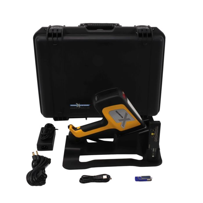Olympus Innov X Delta DPO-2000 Handheld XRF Analyzer, Battery Pack, Docking Station, USB Cable, Olympus USB Drive, AC Adapter/Charger, Power Cord, Device Strap, Delta XRF Quick Guide, Hard Carrying Case