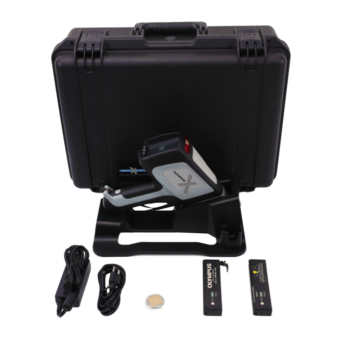 Olympus DI-2000CC XRF Analyzer Unit, Olympus 316 SS Standardization Coin, Battery Pack, Power Cord, Charging Dock, User Manual on CD Rom, Carrying Case