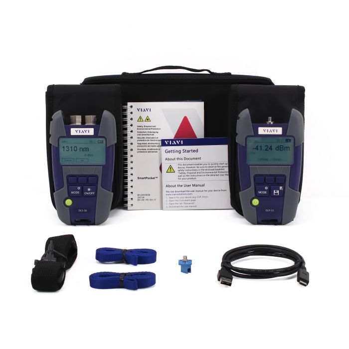 Viavi OLP-35V2 Optical Power Meter, Viavi OLS-36V2 Optical Light Source, Micro USB Cable, Device Case, Device Strap,  Soft Carrying Case with Strap, Quick Start Guide, SmartPocket Guide