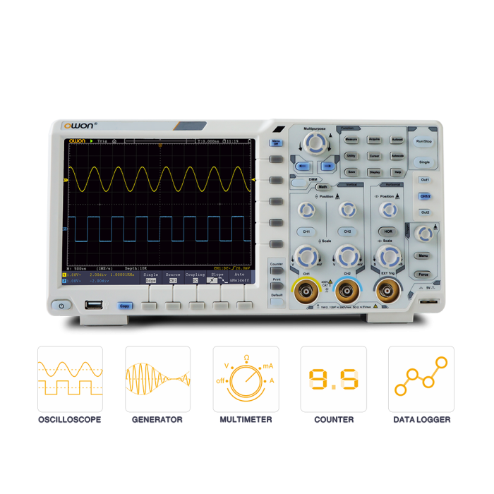 OWON XDS3102AVMAG21 2CH 12bits ADC 100MHz 1Gs/s N-In-1 Digital Oscilloscope with DMM, AWG 1CH 25MHz, and VGA Modules
