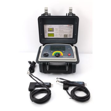 Megger DLRO10HD, a high-current digital low resistance ohmmeter designed for testing and measuring resistance in electrical connections, contacts, and conductors. The image shows the front panel of the device with a large, easy-to-read LCD display 