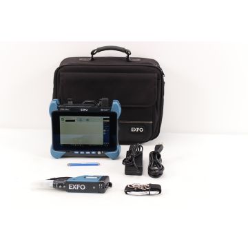 EXFO FTB 1v2 Pro Multiservice Tester, EXFO FIP 435B Wireless Fiber Inspection Probe, Stylus, AC Adapter/Charger, Power Cord, Strap For Unit, Carrying Case