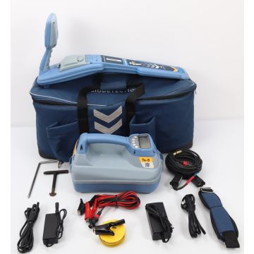 Radiodetection RD8200 precision cable and pipe locator unit with transmitter, signal clamps, and AA batteries. An advanced device designed for locating underground utilities with high-precision technology and multiple active frequencies.