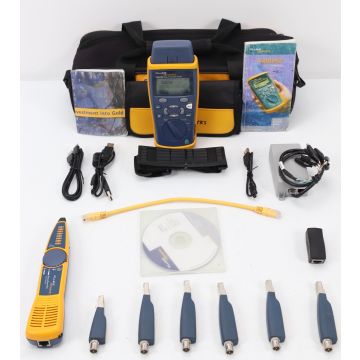 An image of the FLUKE NETWORKS Cable Tester Kit: CableIQ, a handheld device used to test and troubleshoot Ethernet and coaxial cables. The device features a large color display screen, buttons for navigation and selection, and various ports and connectors