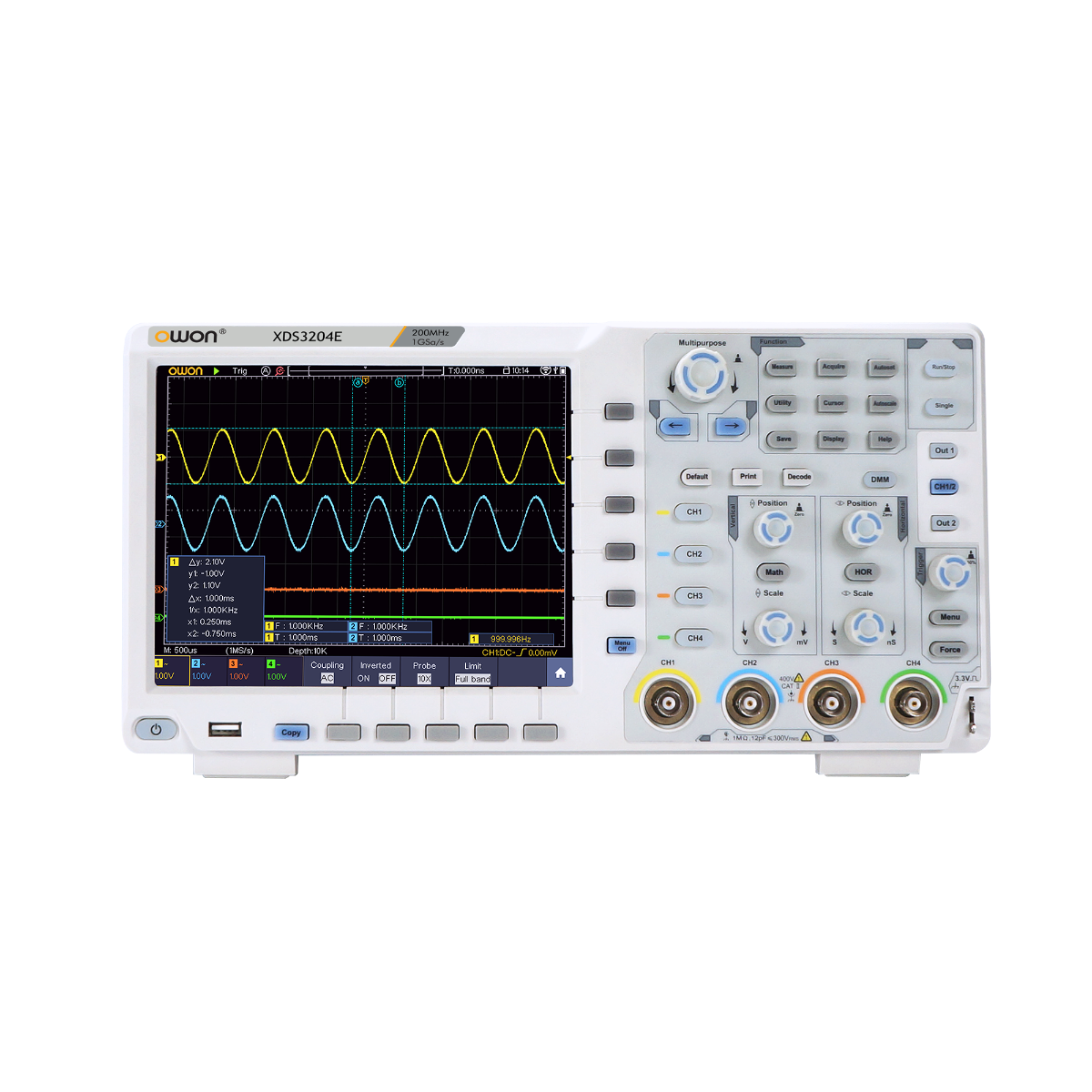 OWON XDS3204EVMWAG21 4-Channel 12bits ADC 200MHz 1Gs/s Touchscreen Digital Oscilloscope with DMM AWG 1CH 25MHz WiFi and VGA Modules