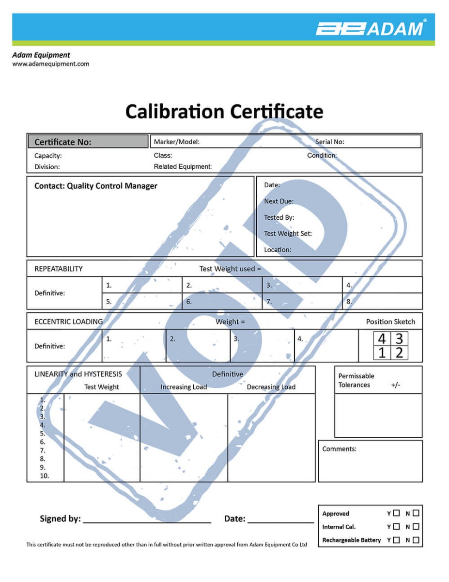 Adam Equipment 700660288 Calibration Certificate