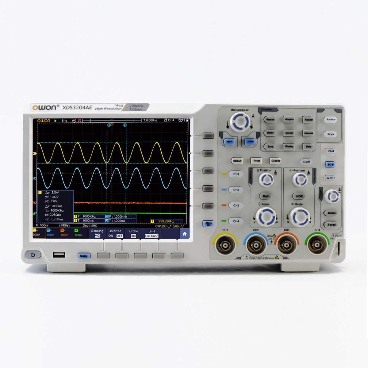 OWON XD3204AE 4-Channel 14bits ADC 200MHz 2.5Gs/s Touchscreen Digital Oscilloscope